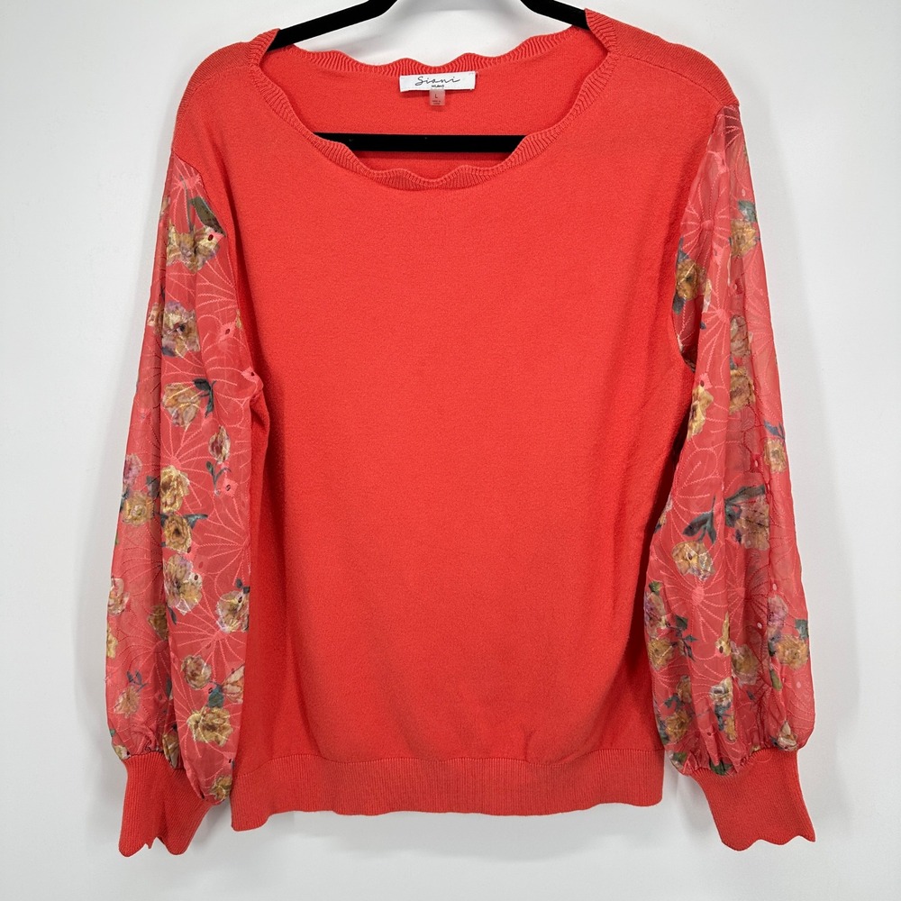 Siani Milano Coral Floral Sweater Women's L Sheer‎ Sleeve Crew Neck